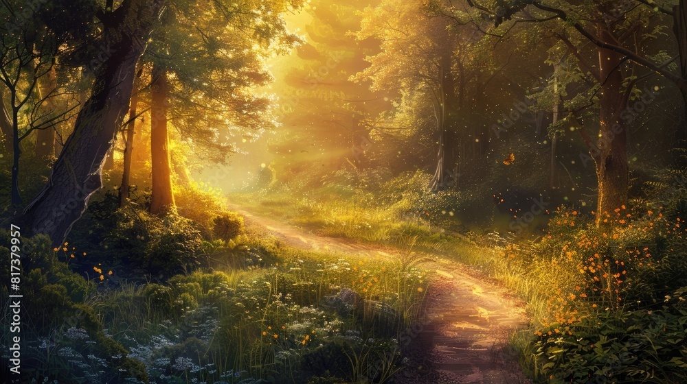 A winding path leading through a dense forest bathed in golden sunlight, inviting introspection and connection with the natural world.