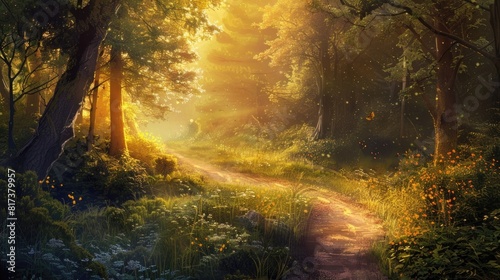 A winding path leading through a dense forest bathed in golden sunlight, inviting introspection and connection with the natural world.