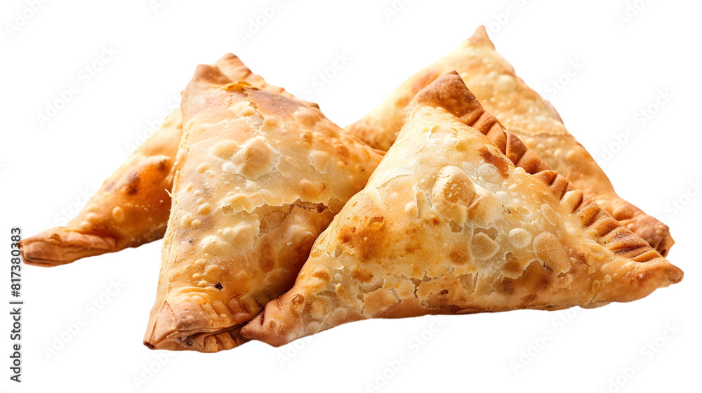 An assortment of potato, chicken, and lamb samosas, each with its unique flaky crust and filling visible, arranged harmoniously on a bright, transparent background An assortment of potato, chicken, and lamb samosas, each with its unique flaky crust and filling visible, arranged harmoniously on a bright, transparent background