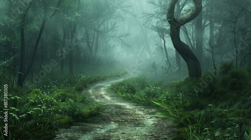A winding path meandering through a misty forest, inviting exploration and introspection in the embrace of nature's quietude.