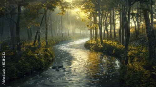 A winding river carving its way through a tranquil forest  reflecting the peaceful flow of thoughts within the mind.