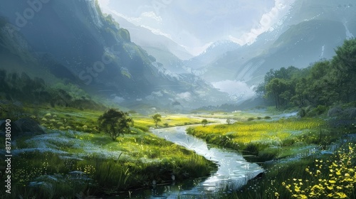 A winding river flowing gently through a serene landscape, mirroring the peaceful flow of thoughts within the mind.