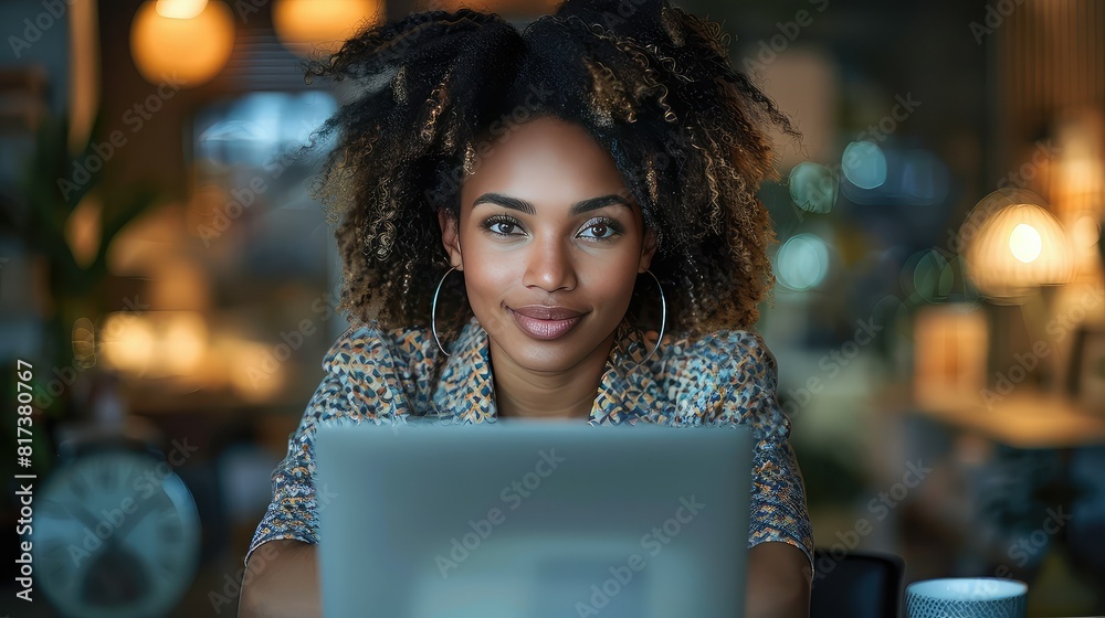 Businesswoman working late at office desk with laptop
