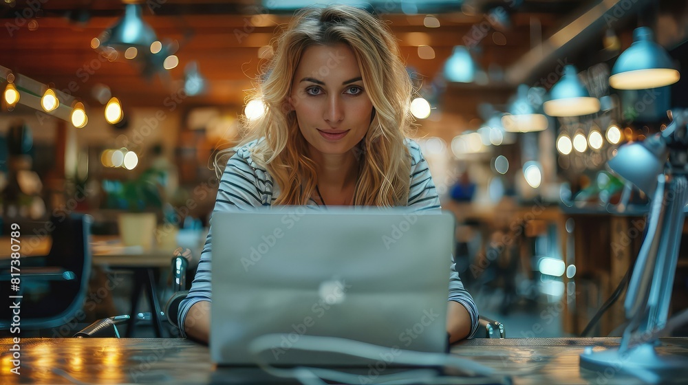 Businesswoman working late at office desk with laptop Businesswoman working late at office desk with laptop