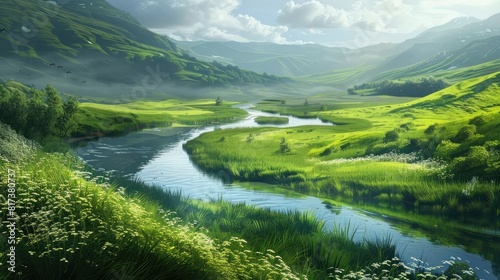 A winding river flowing through a lush green valley, reflecting the tranquility and serenity of inner peace.