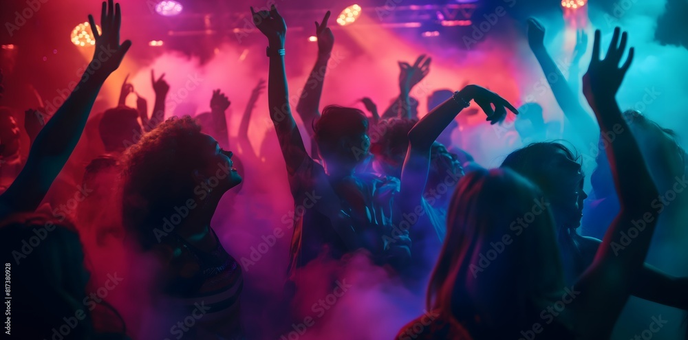 Group of people dancing in the dark, underground club party, hands raised and smiling, dance to music with colorful lights illuminating their silhouettes against smoke Group of people dancing in the dark, underground club party, hands raised and smiling, dance to music with colorful lights illuminating their silhouettes against smoke