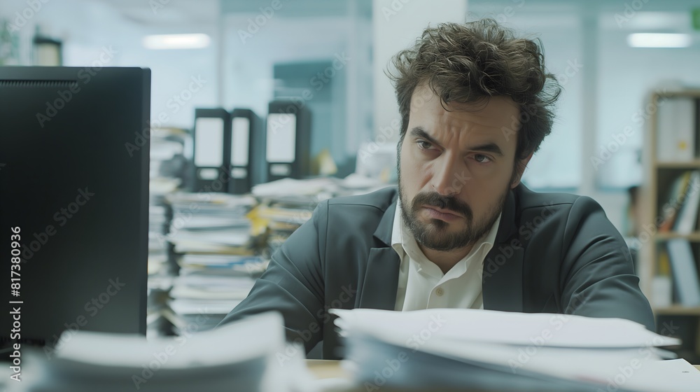 Man with burnout, close-up of the individual's tired expression, showing stress and fatigue, evident from their focus on a computer screen surrounded by piles of documents Man with burnout, close-up of the individual's tired expression, showing stress and fatigue, evident from their focus on a computer screen surrounded by piles of documents