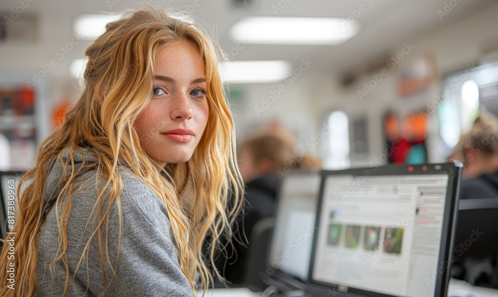 A young woman is sitting at a computer screen in a classroom A young woman is sitting at a computer screen in a classroom