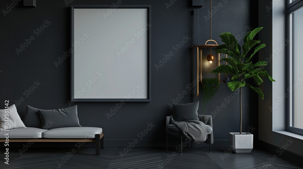 Minimal wooden picture poster frame mockup, Mockup frame in living room interior, 3d render Minimal wooden picture poster frame mockup, Mockup frame in living room interior, 3d render