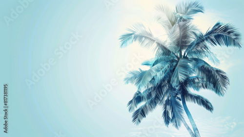 A single palm tree against a clear blue sky  depicting a calm tropical scene.