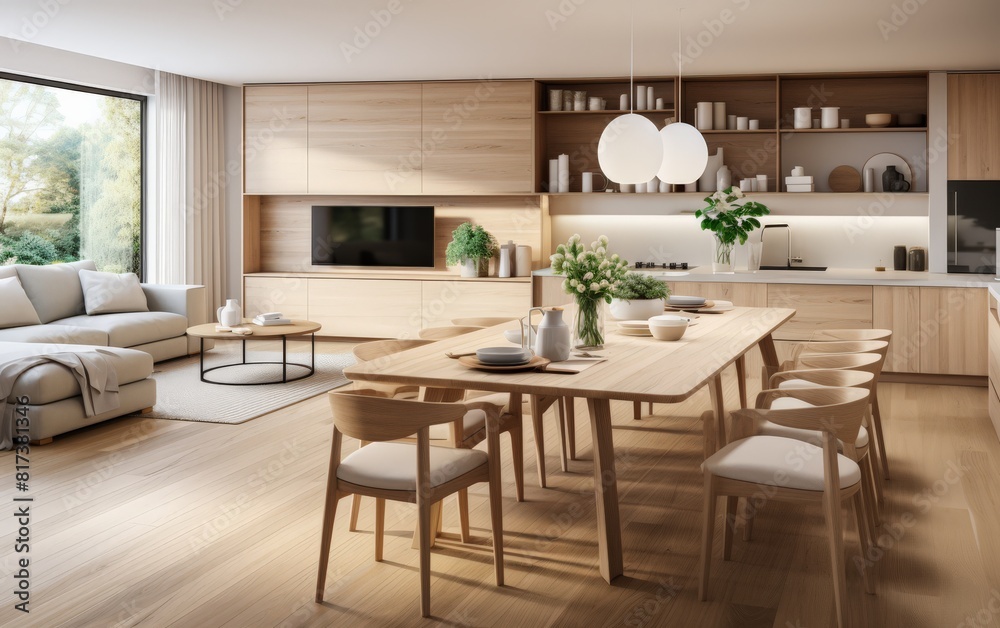 Modern Scandinavian Open-Plan Living Space with Wooden Dining Table and Kitchen Island