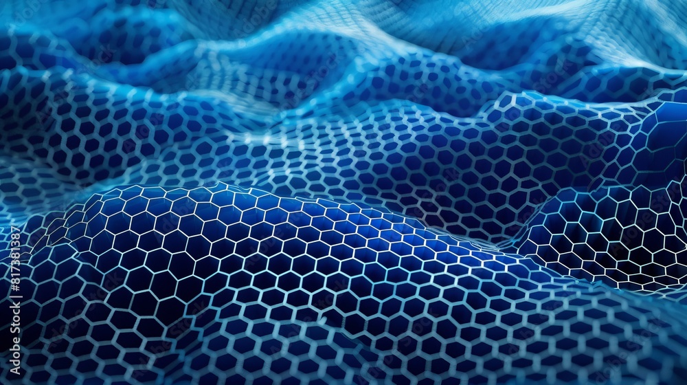 Digital Blue Hexagonal Pattern with Flowing Wavy Design
