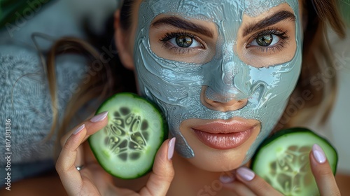 Close up beautiful young woman with facial mask on her face holding slices of cucumber. Copy space