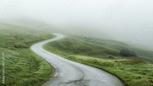 A winding road disappearing into a dense fog, symbolizing the uncertainty of the path ahead.