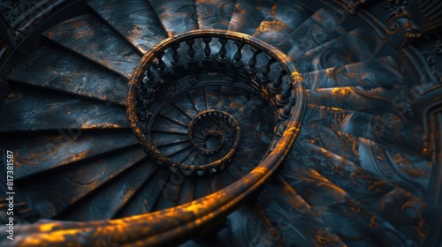 A winding staircase ascending into darkness  symbolizing the ascent into the unknown depths of the subconscious.