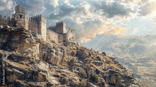 An ancient fortress perched atop a rocky cliff, its weathered walls and imposing battlements offering a glimpse into the history and heritage of a bygone era. photo