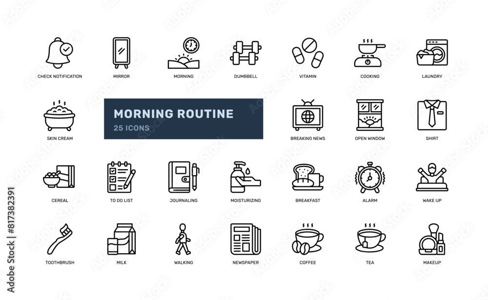 morning routine activity daily schedule everyday detailed line icon set morning routine activity daily schedule everyday detailed line icon set