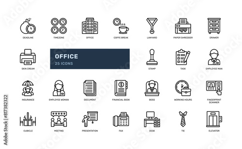office business workplace businessman worker detailed outline line icon set
