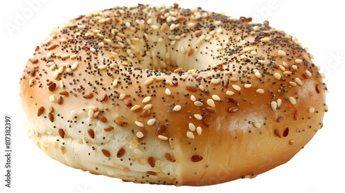  An everything bagel generously coated with sesame, poppy seeds, garlic, and onion, resting, transparent background
