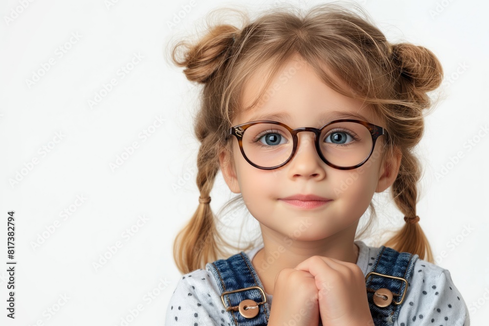 Cute girl in round glasses on white background. ophthalmology