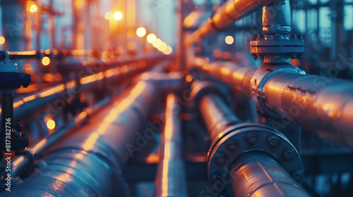 Industrial pipelines interconnected in a refinery setting, with structures and equipment visible during dusk. 