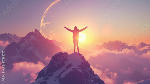 A person is standing on top of a mountain  arms outstretched. They are in a pose of triumph and achievement  celebrating their accomplishment