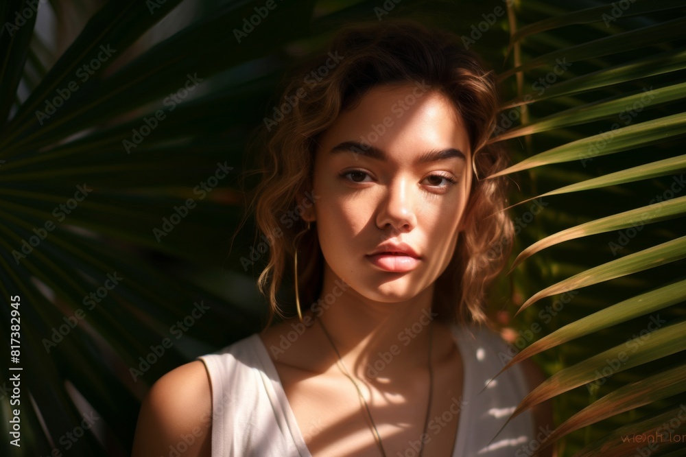 Portrait of beautiful woman with palm tree leaves A portrait of a beautiful woman with palm tree leaves Portrait of beautiful woman with palm tree leaves A portrait of a beautiful woman with palm tree leaves