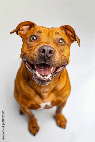 A brown dog with its mouth open and smiling.