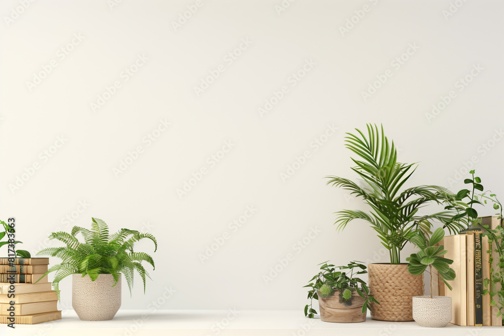 Interior wall mockup with plants in pots and pile of books standing on on empty white background. 3D rendering illustration.