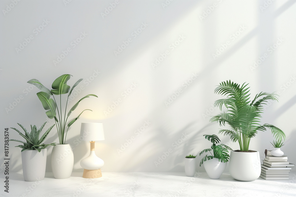 Interior wall mockup with plants in pots lamp and pile of books standing on empty white background. 3D rendering illustration.