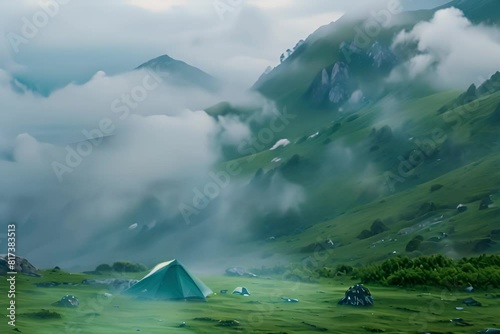 Camping in the Mountains in the morning with the fog falling and beautiful  photo
