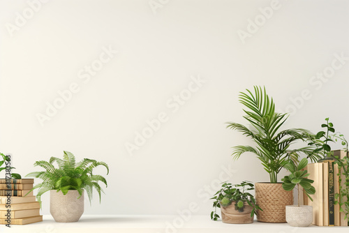 Interior wall mockup with plants in pots and pile of books standing on on empty white background. 3D rendering illustration.