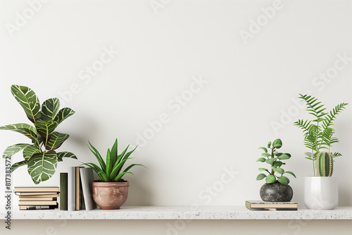 Interior wall mockup with plants in pots and pile of books standing on on empty white background. 3D rendering illustration.
