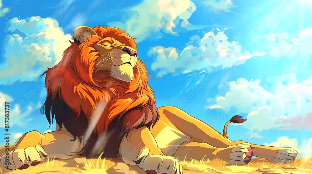 Majestic lion basks in savannah sun. Anime or digital painting style, looping 4k video animation background
