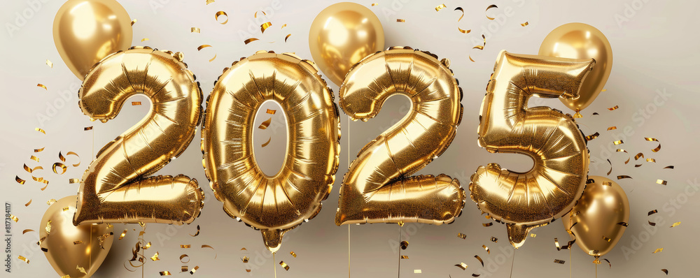Golden Helium Balloons, Happy New Year 2025 and Merry Christmas Background Golden Helium Balloons, Happy New Year 2025 and Merry Christmas Background