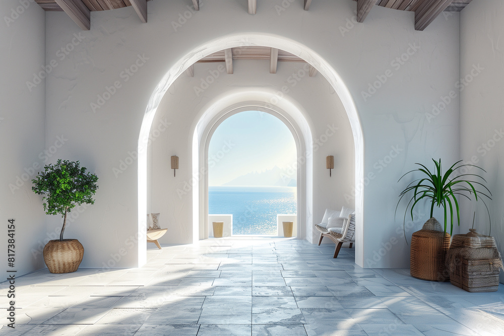 Interior design of greek island style entrance hall with arched doorway. Created with generative AI