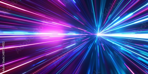 A dynamic background of neon blue and purple streaks  resembling an explosion or light trails in space  perfect for high-tech visuals.