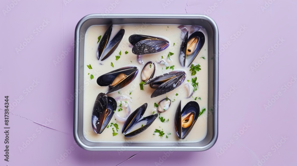 mussels in white sauce, on tray, on solid light purple background, top view mussels in white sauce, on tray, on solid light purple background, top view