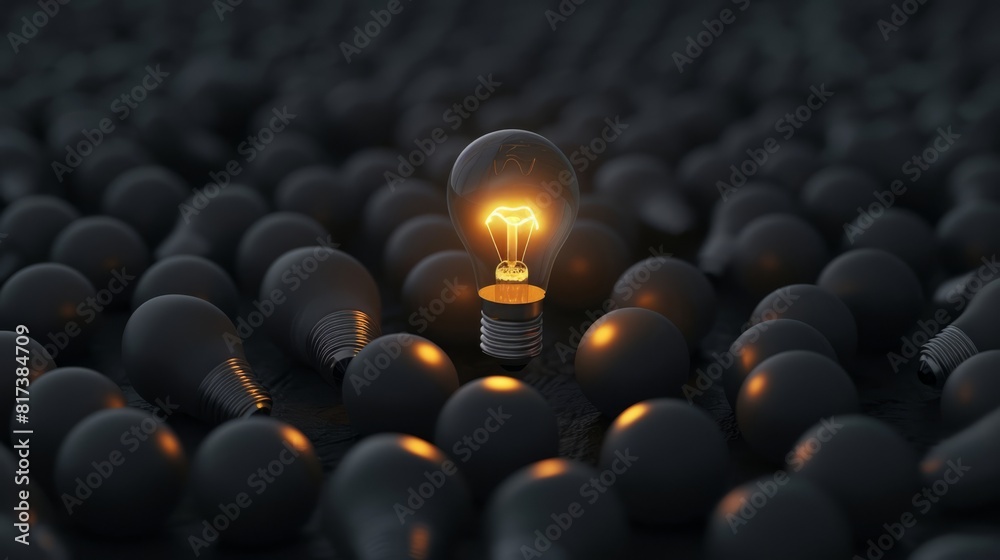Fototapeta premium One of Lightbulb glowing among shutdown light bulb in dark area with copy space for creative thinking , problem solving solution and outstanding concept