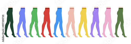 Set of colorful Tights Pantyhose on legs. Fashion accessory clothing technical illustration stocking. Vector side view for Men, women unisex style, flat template CAD mockup sketch outline isolated