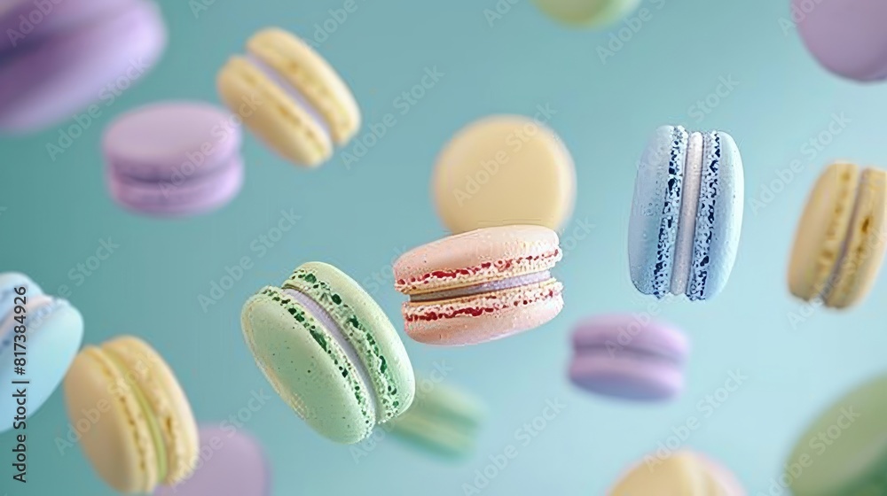 pastel purple, green, blue, cream and yellow coloured macaroons floating in the air pastel purple, green, blue, cream and yellow coloured macaroons floating in the air