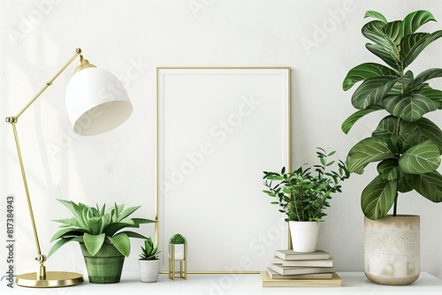Interior poster mockup with horizontal gold metal frame standing on the table with plants in pots and pile of books on empty white wall background. 3D rendering illustration.