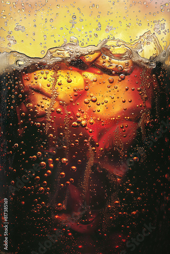 Close up of ice cubes in cola water. Coke with ice. Texture of carbonate drink with bubbles in glass. Cola soda and ice splashing. Cold drink background.