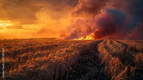 Golden wheat field with a glowing fire trail for nature or fantasy themed designs photo