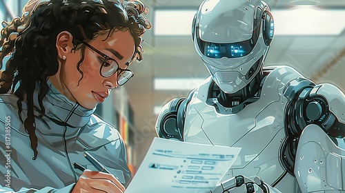 Working together, Robot and human in an office setting, the robot taking notes or managing emails during a meeting. surrealistic Illustration image,
