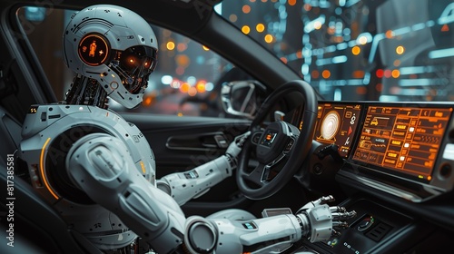 Working together, Robot assisting a driver in a car, providing navigation and safety information. surrealistic Illustration image,