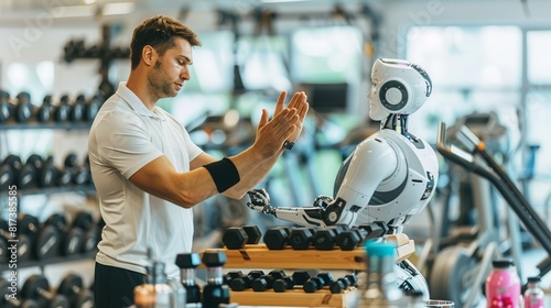 Working together, Robot assisting a fitness trainer, demonstrating exercises and tracking progress. surrealistic Illustration image,