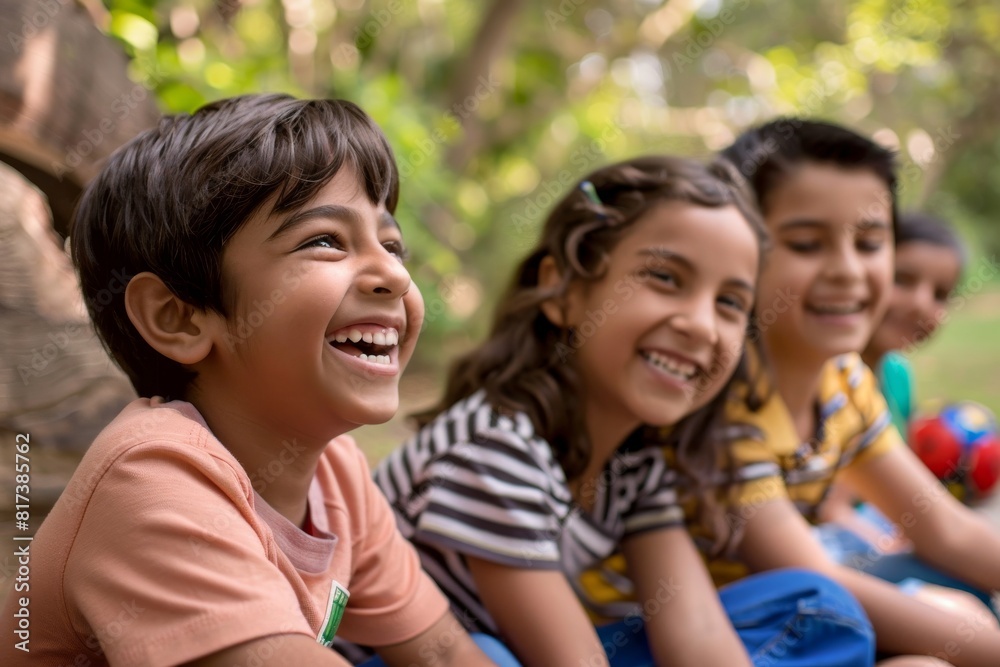 Portrait of smiling kids looking at camera in park. Selective focus. Portrait of smiling kids looking at camera in park. Selective focus.