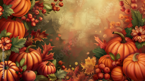 A bright background adorned with beautiful thanksgiving decorations featuring pumpkins and leaves. The image captures the essence of the autumn season with its vibrant colors and seasonal elements