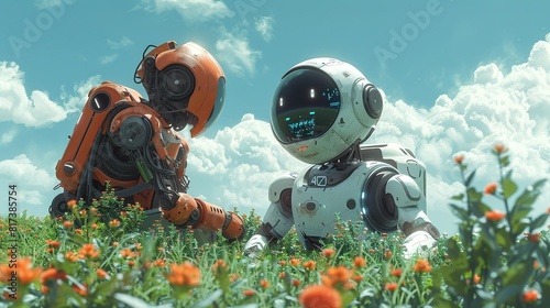 Working together, Robot helping a farmer in a field, monitoring crops and soil conditions. surrealistic Illustration image,